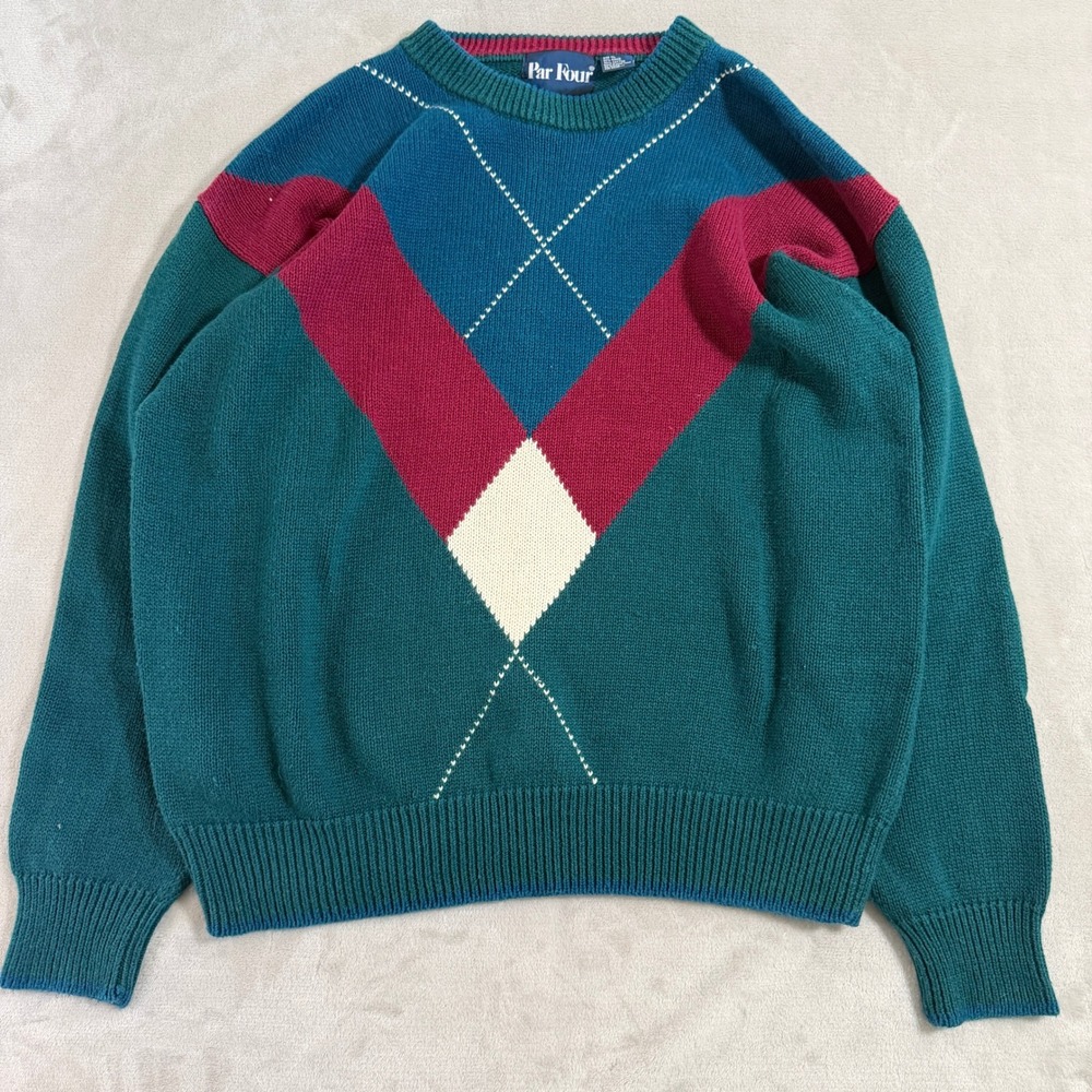 Vintage Par Four Mens XL Teal Burgundy Argyle Colorblock Ramie Cotton Sweater